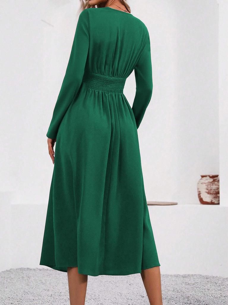 Elegant Women's V-Neck Long Sleeve Ruched Waist Dress for Autumn/Winter