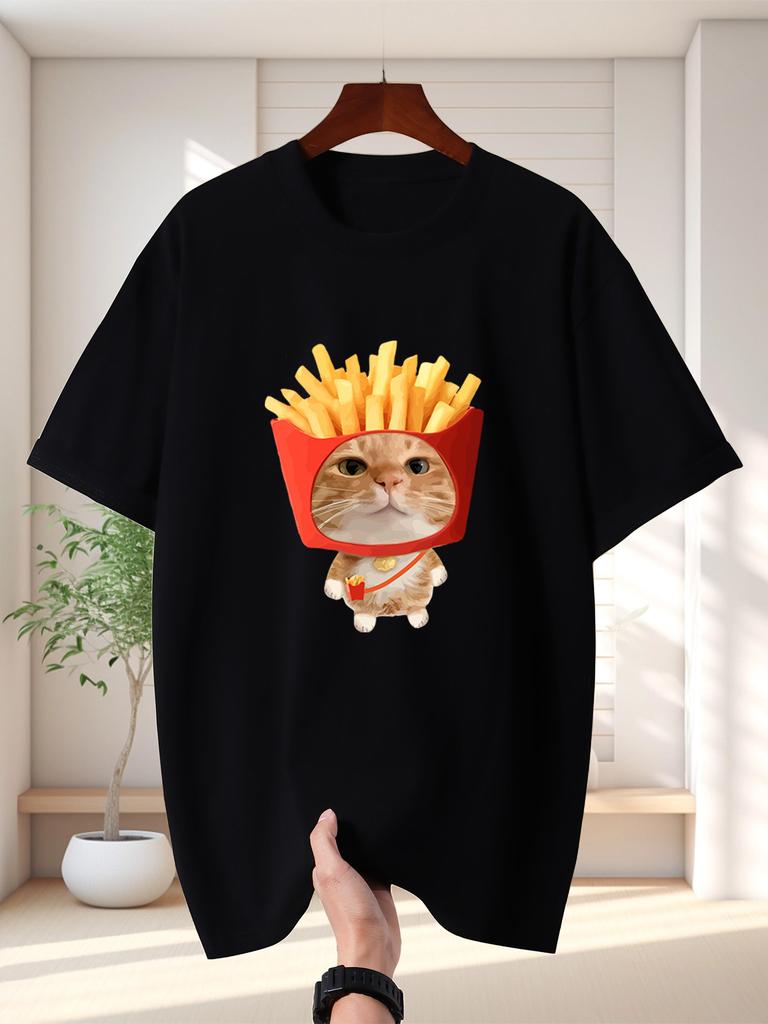 Unisex T Shirt Cute Fries Bucket Orange Cat Graphic Tee Funny Food Pet Print Short Sleeve O Neck Loose Casual Top Summer Streetwear