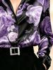Luxury Purple Rose Print Satin Shirt - Women's Dark Floral Long Sleeve Blouse, Vintage Style Elegant Silk-Look Top