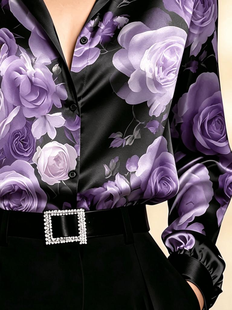 Luxury Purple Rose Print Satin Shirt - Women's Dark Floral Long Sleeve Blouse, Vintage Style Elegant Silk-Look Top