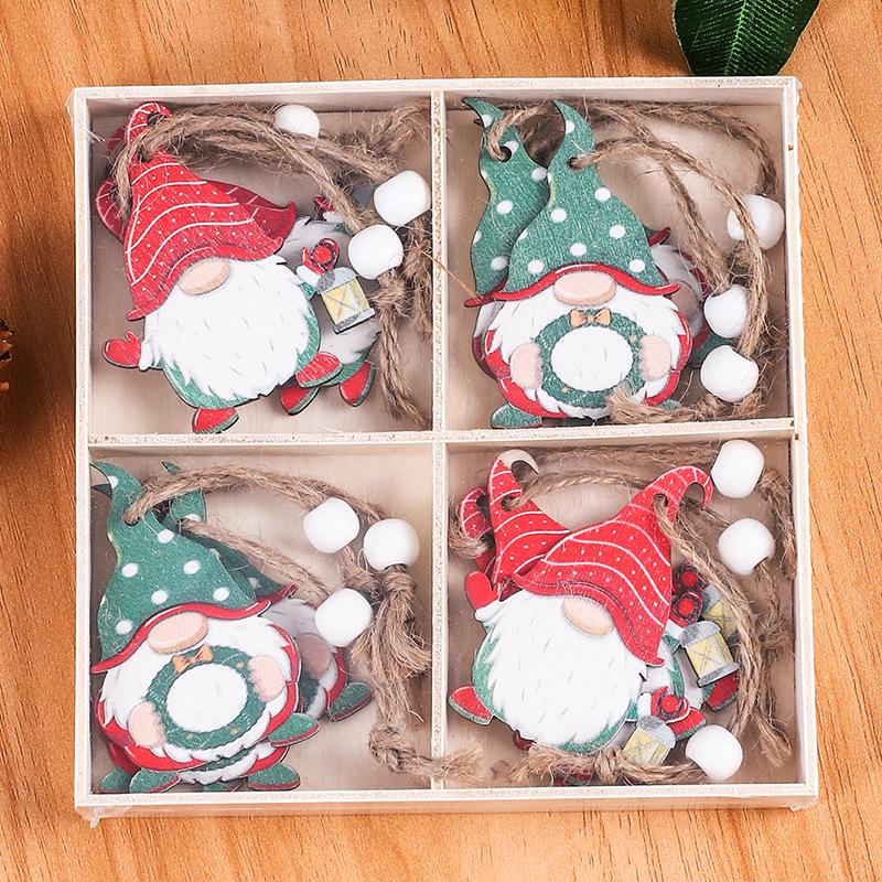 12-Piece Boxed Set: Painted Wooden Santa Claus Christmas Tree Ornaments