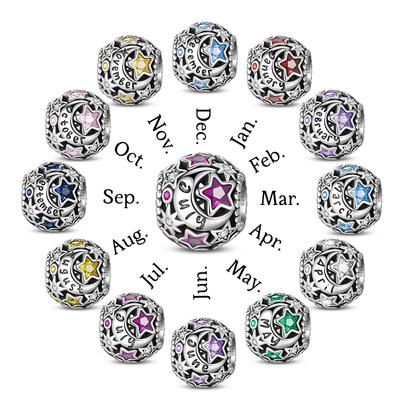 Pandach Genuine Copper 12 Month Round Star Zircon Charms Bead Fit Pandach Original Bracelets Fine Diy Birthday Jewelry
