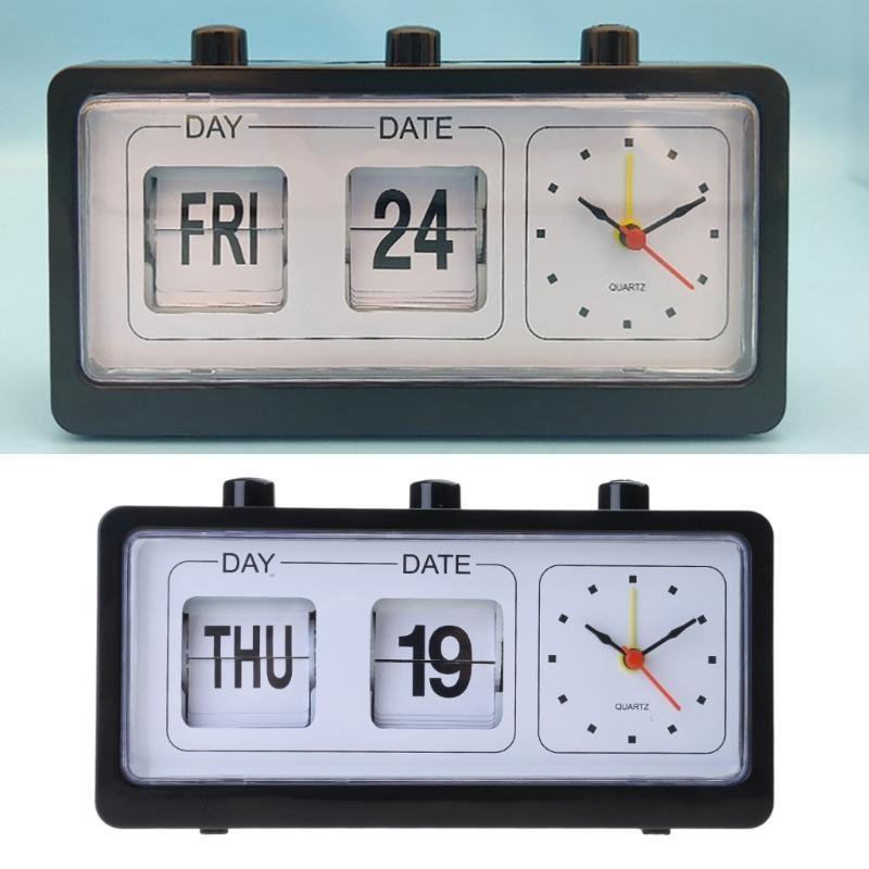 Elegant Vintage Manual Analog Flipped Calendar Alarm Clock for Office or Study