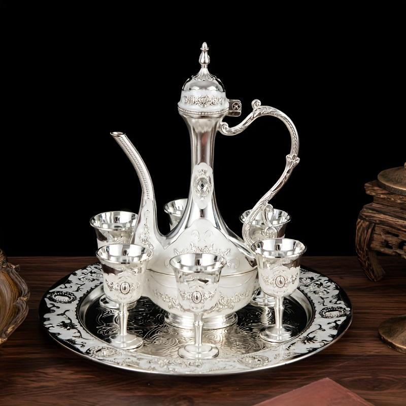 Sada vintage kovové turecké konvice na kávu, sada v evropském stylu, čajová sada 6 luxusních kávových šálků, řemeslný čajový tác a konvice na servírování čaje, kávy a cappuccina