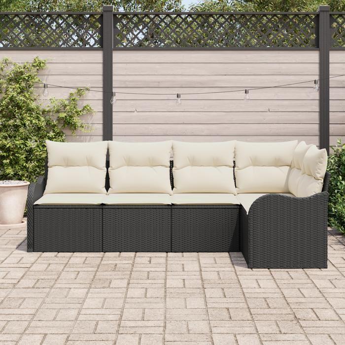 Ensemble de canapé de jardin 5 pièces avec coussins noir en rattan, Canapé de jardin 2 places avec coussins noir en rattan 3345697