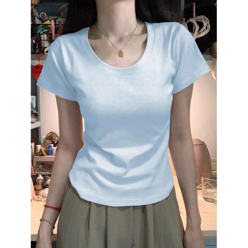 Milk Yellow Design Straight Shoulder Pure Cotton U-neck Short-sleeved T-shirt Women's Summer Spice Short Slim-fitting Waist Top