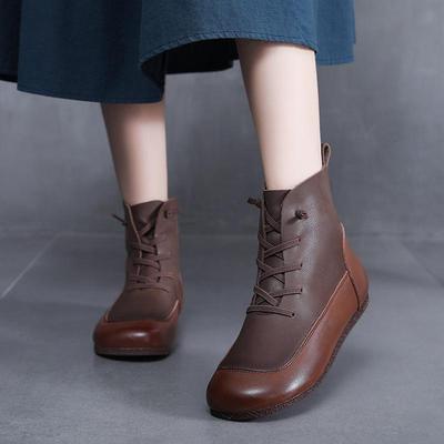 2023 Herbst/Winter Retro Damen Stiefel mit runder Spitze aus Rindsleder - Warm, Samtgefüttert, Flache Sohle, XL Größe