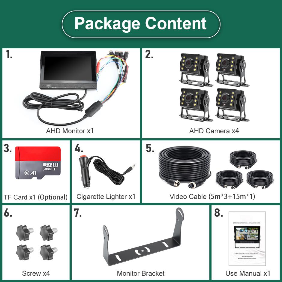 GreenYi 7 Inch IPS Screen 4 Channel Smart Blind Spot Radar BSD Alarm IP66 Waterproof DVR Monitor AHD720P Truck Backup IR Camera