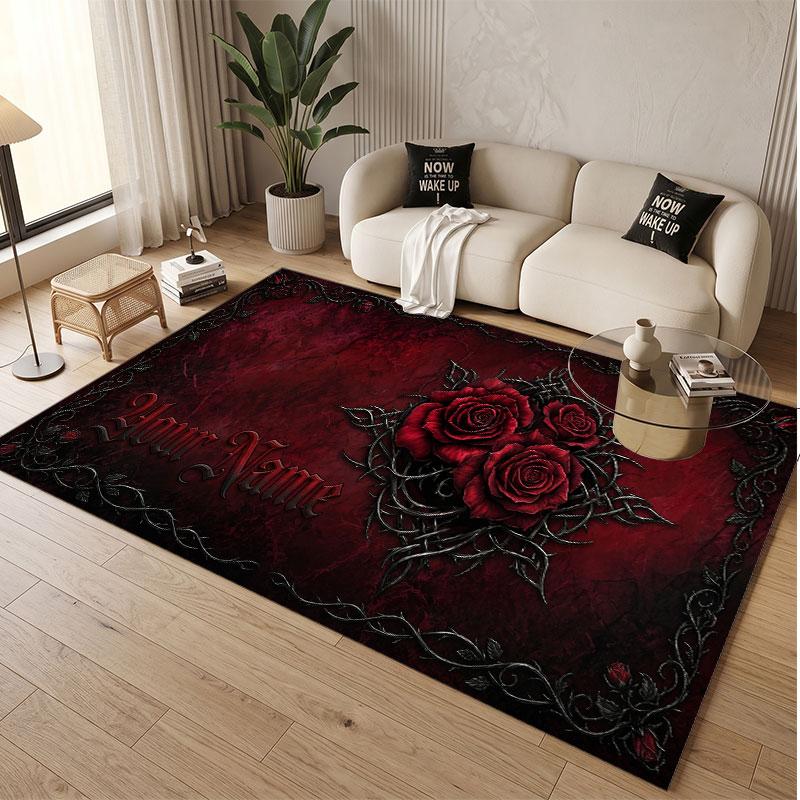 Skull Gothic Theme Soft Crystal Velvet Rug Custom Name & Text Print Non Slip Floor Rug for Bedroom Living Room