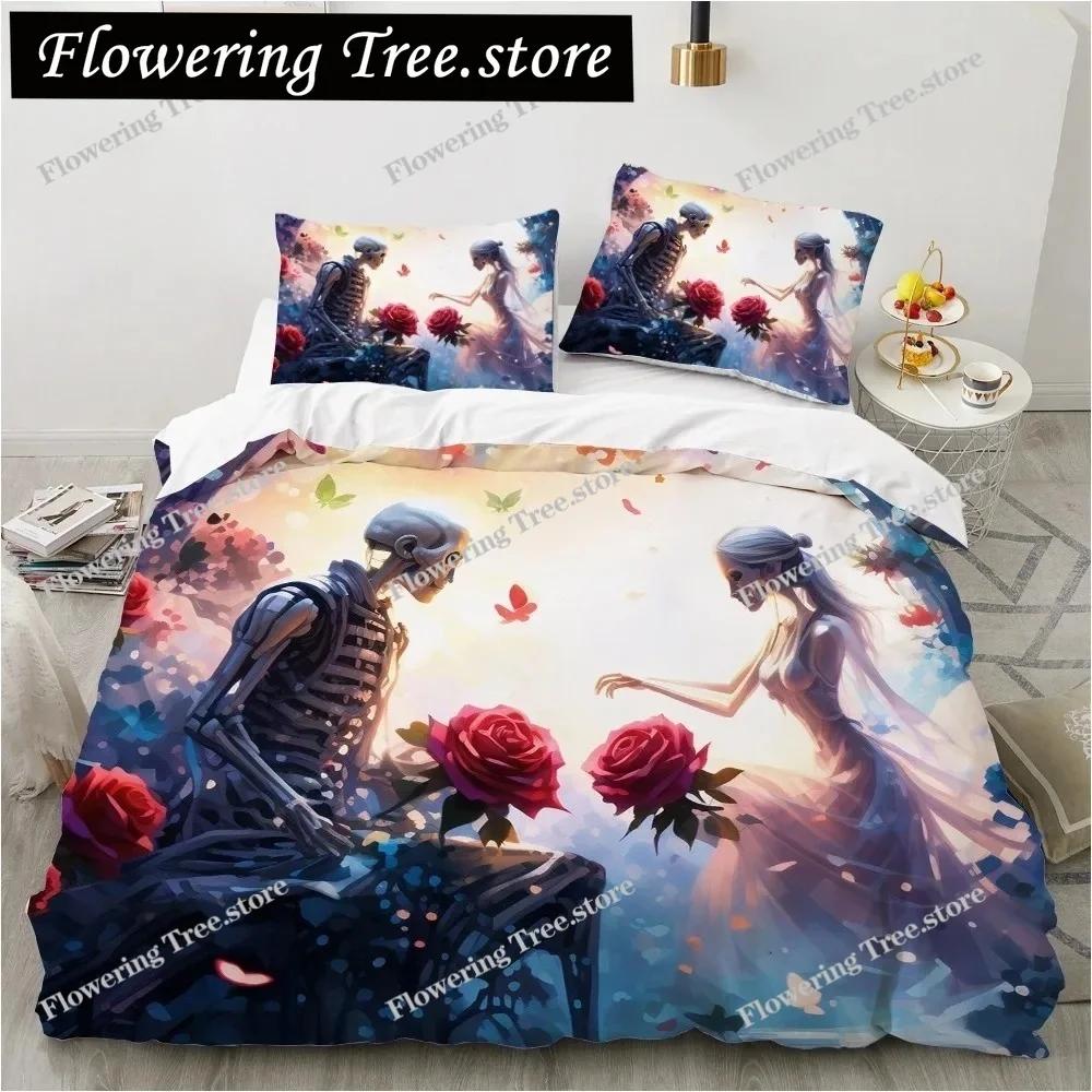 Skull Wedding Cartoon Comforter Sets Bedding Set Double Queen King Twin Full Size Duvet Cover Set Kids Girls White Bed Linen