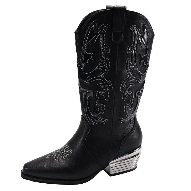 Retro Black British Thick-heeled Western Cowboy Boots for Women's 2025 New Autumn with Skirt and Thin Medium Boots