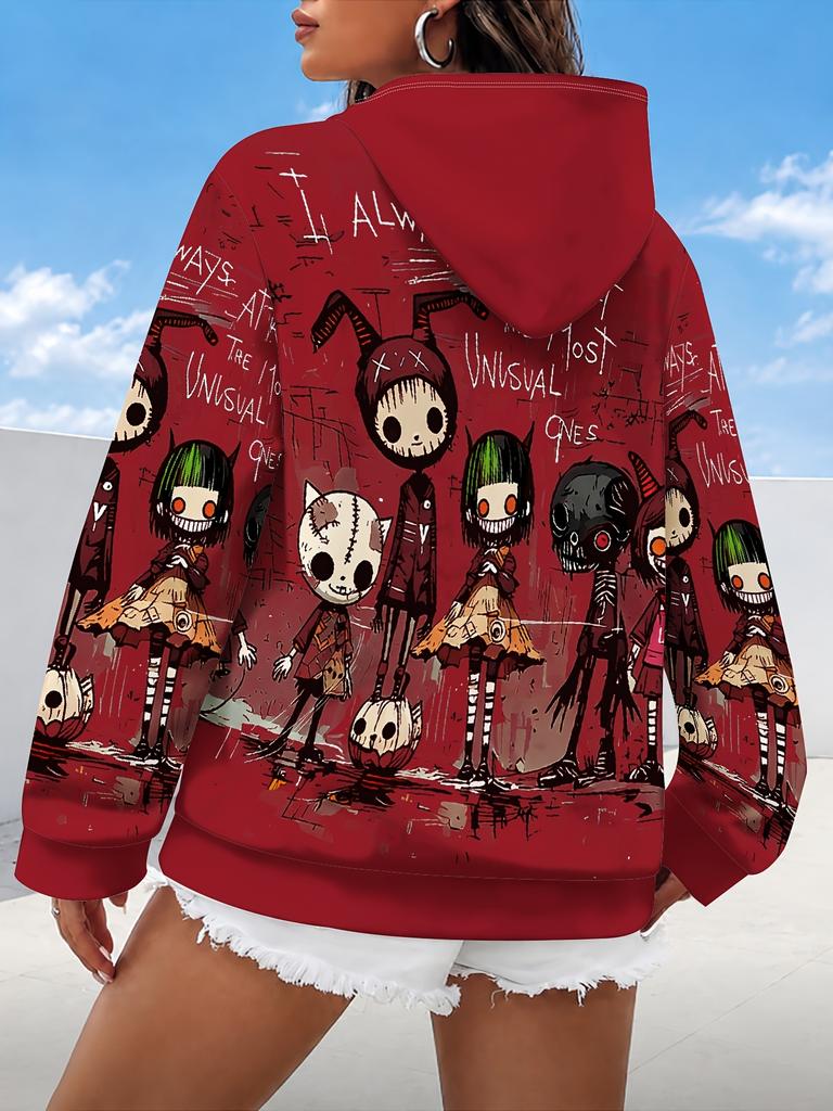 Lazy Women's Hoodie with Scary Cartoon Characters On Hoodie Women's Hooded Pullover Sweatshirt Fashionable Top