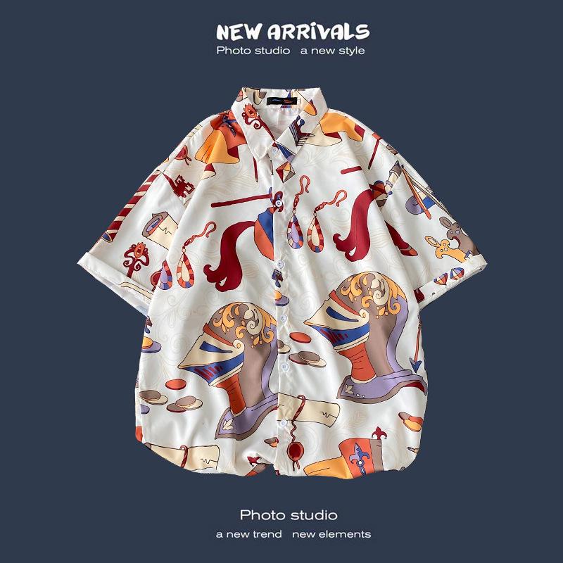 Letnia Koreańska Retro Kwiatowa Para Luźna Koszula z Krótkim Rękawem - Męski Modny Styl