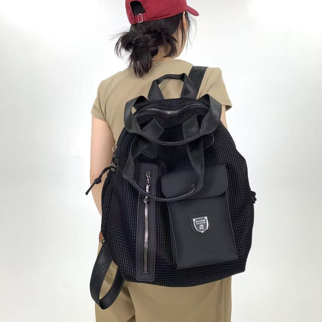Ladies Mesh Splicing Multi-Pocket Shoulder Bag Large Capacity Retro Multi-Functional Backpack