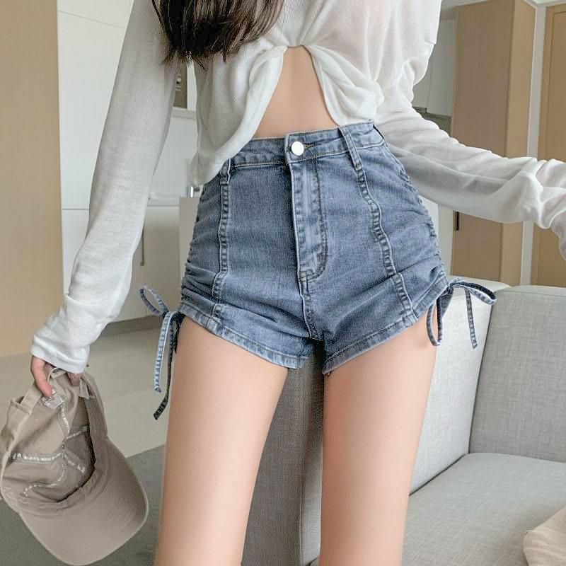 Modaya Uygun Çok Yönlü İpli Yüksek Belli Streç Denim Şort Kadın Pilili Pantolon Yaz Tasarımı Yüzde Yüz Uyumlu İnce Geniş Paça Pantolon