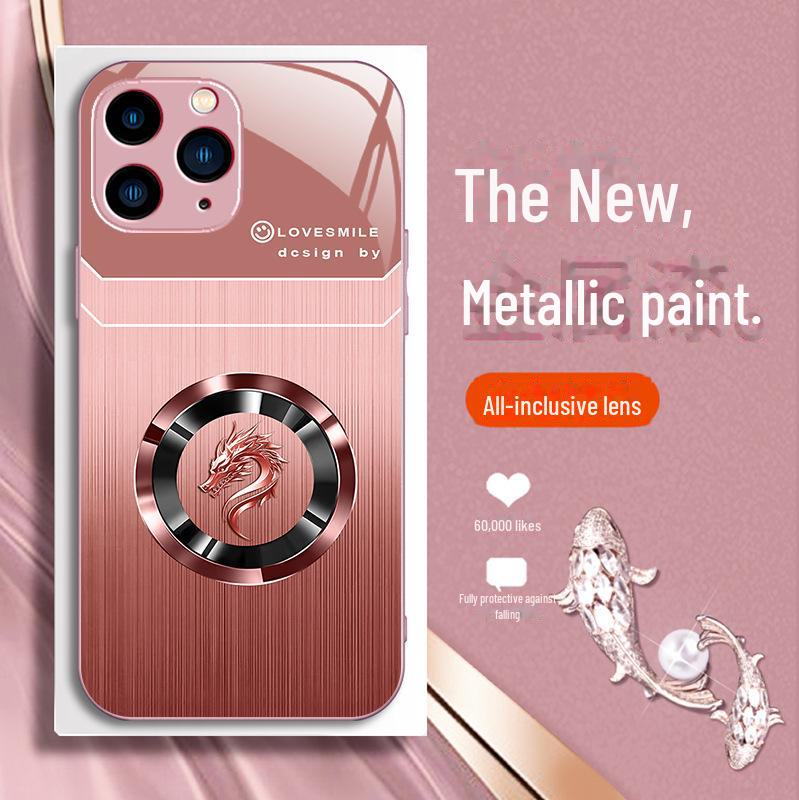 Luxuriöse Ringhülle mit Drachenkopf und Holzmaserung für iPhone 12 Pro, 11, XR, XS, 8, 7. Trendiges Nationaldesign mit doppelten Linienakzenten.