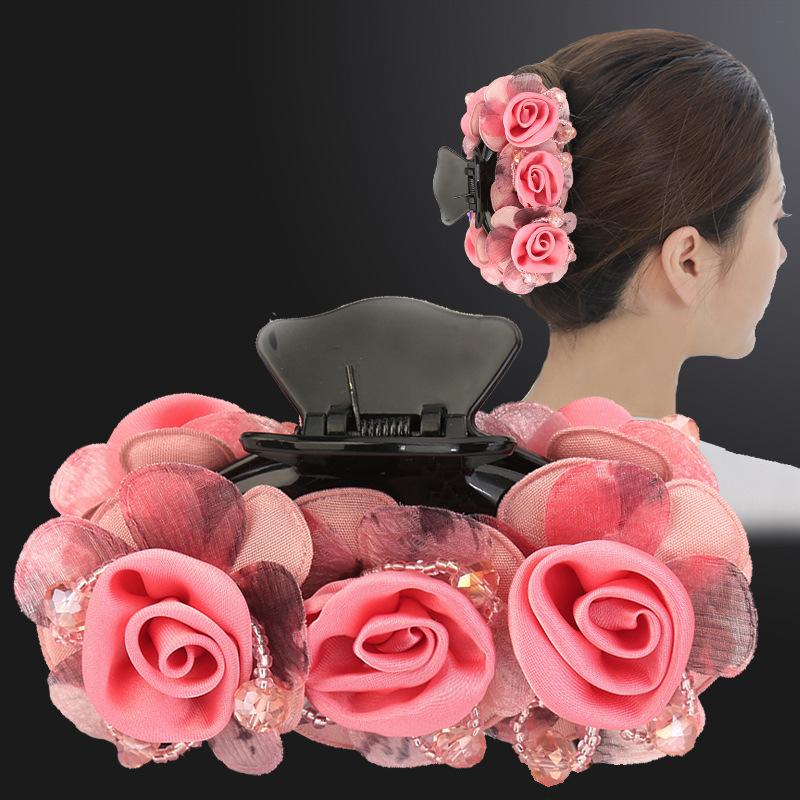 Non-slip Crossing Teeth Women Hair Claw Flower Beads Decor Bow Bath Hair Claw Styling Tool
