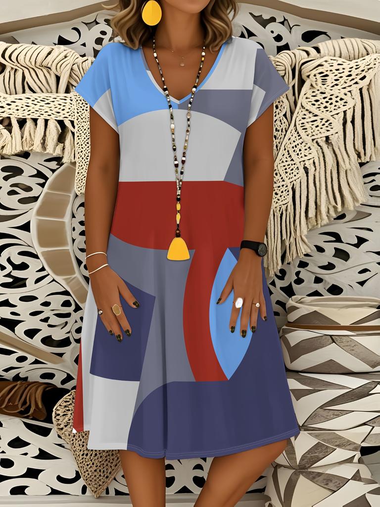 Women's Short Sleeve V Neck Dress Retro Abstract Geometric Color Block Print Summer Casual A Line Midi Dress Fashion Trendy