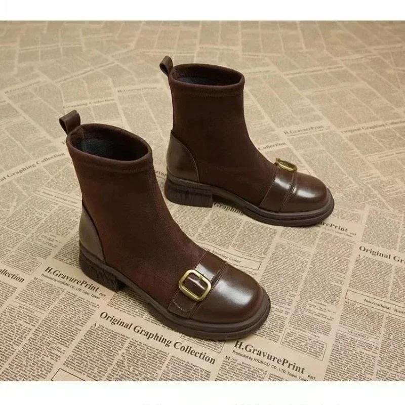 Damenmode Stiefel Dicke Ferse Rutschfest Runde Spitze Damenschuhe Wildleder Quadratische Ferse Freizeit Bequem Botines Para Mujeres