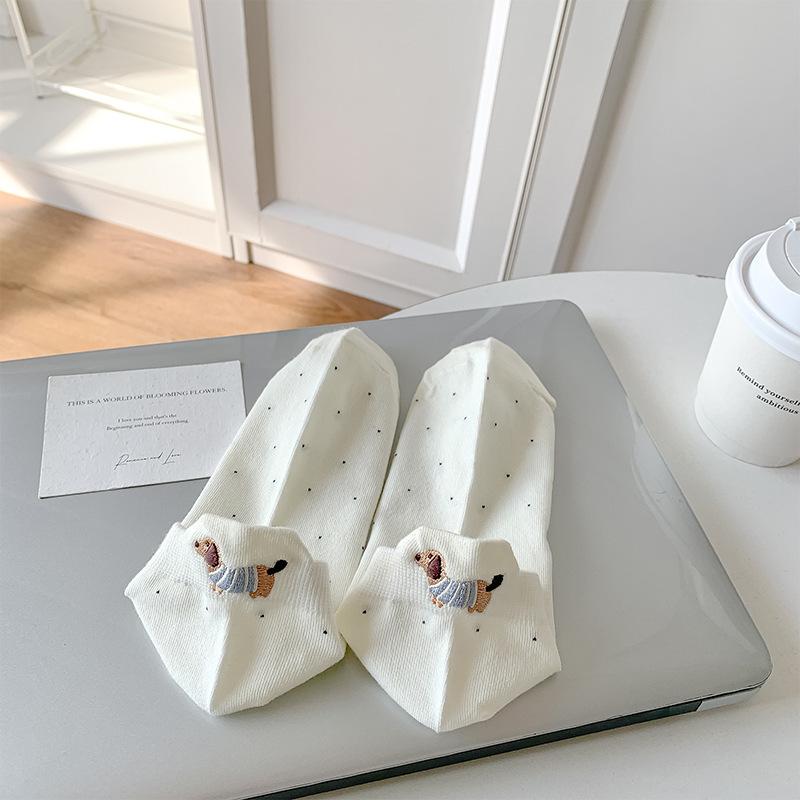 Female Spring and Summer Thin Pure Cotton Polka Dot Cute Cartoon Dachshund Embroidered Boat Socks
