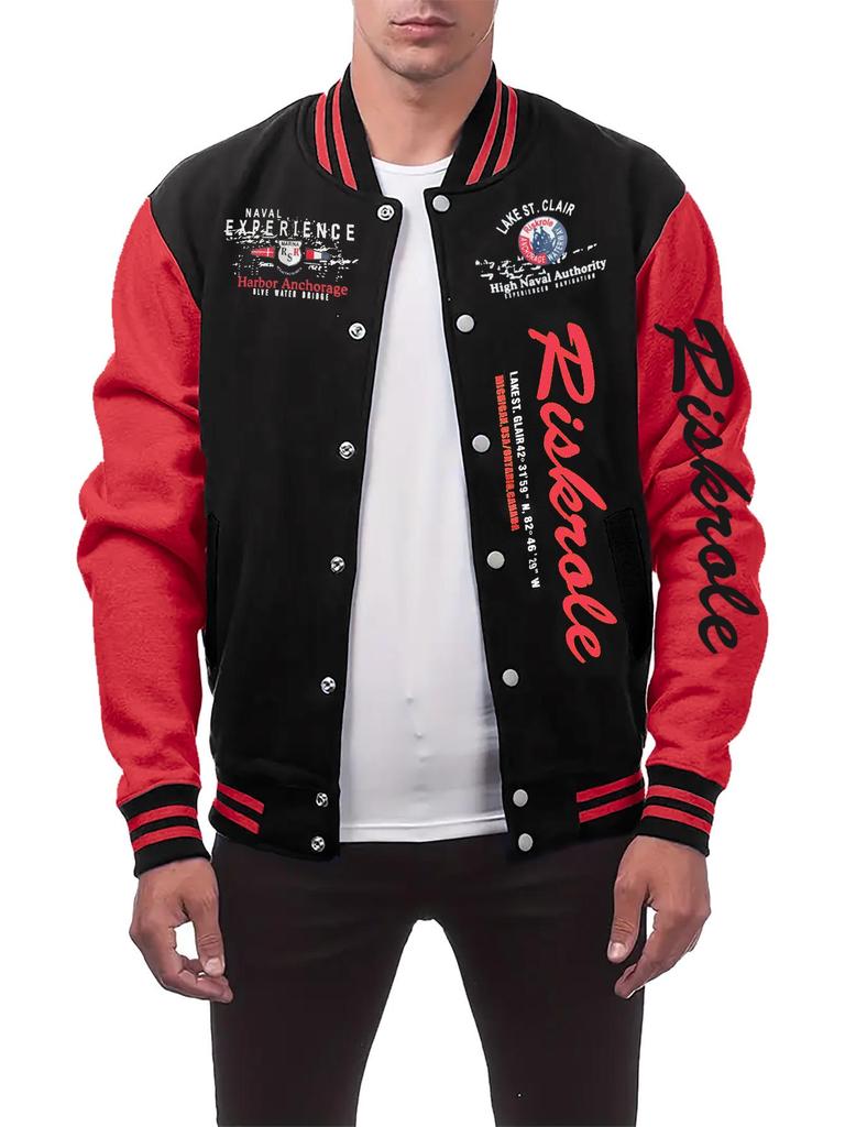 Men's Stand Collar Letter Print Baseball Cardigan Jacket