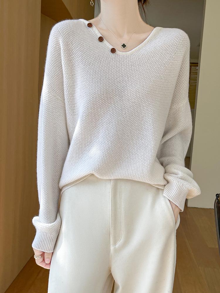 Women's V-Neck Cable Knit 100% Wool Sweater - Autumn Winter Solid Color, Loose Fit, Long Sleeve, Lazy Style, Base Layer.