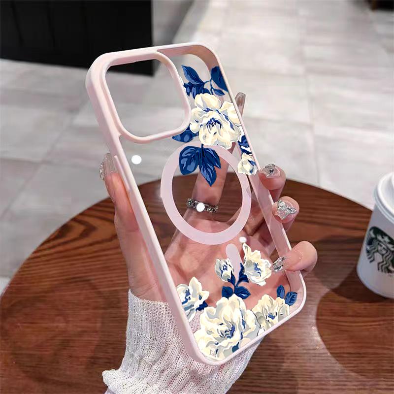 For iPhone 17 16 15 14 13 12 Pro Max 15 16 Plus 17 Air 11 Night White Rose Pattern Macaron Magnetic Tramsparent Phone Case Cover
