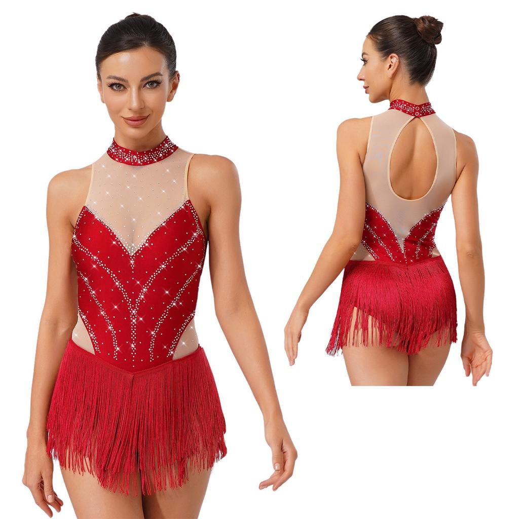 Pailletten Fransen Body für Damen Neckholder Jazz Latin Tanz Samba Chacha Quaste Leotard Akrobat Kostüm