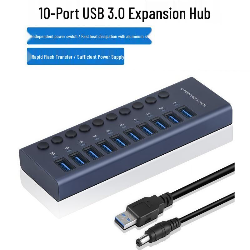 10-Port USB 3.0 Hub with Independent Switches and High Current Expansion Dock