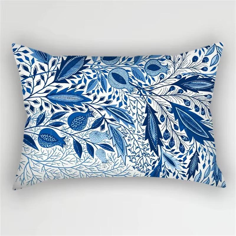 Blue Ink Flowers and Leaves Stripes Pattern Print Decoration Bedroom Living Room Office Home Rectangle Pillowcase