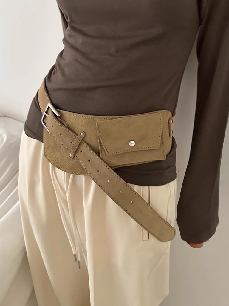 Women's Retro Brown Suede Wide Belt with Pouch, Korean Style High-End Waist Bag, Versatile Decorative Belt for Dresses