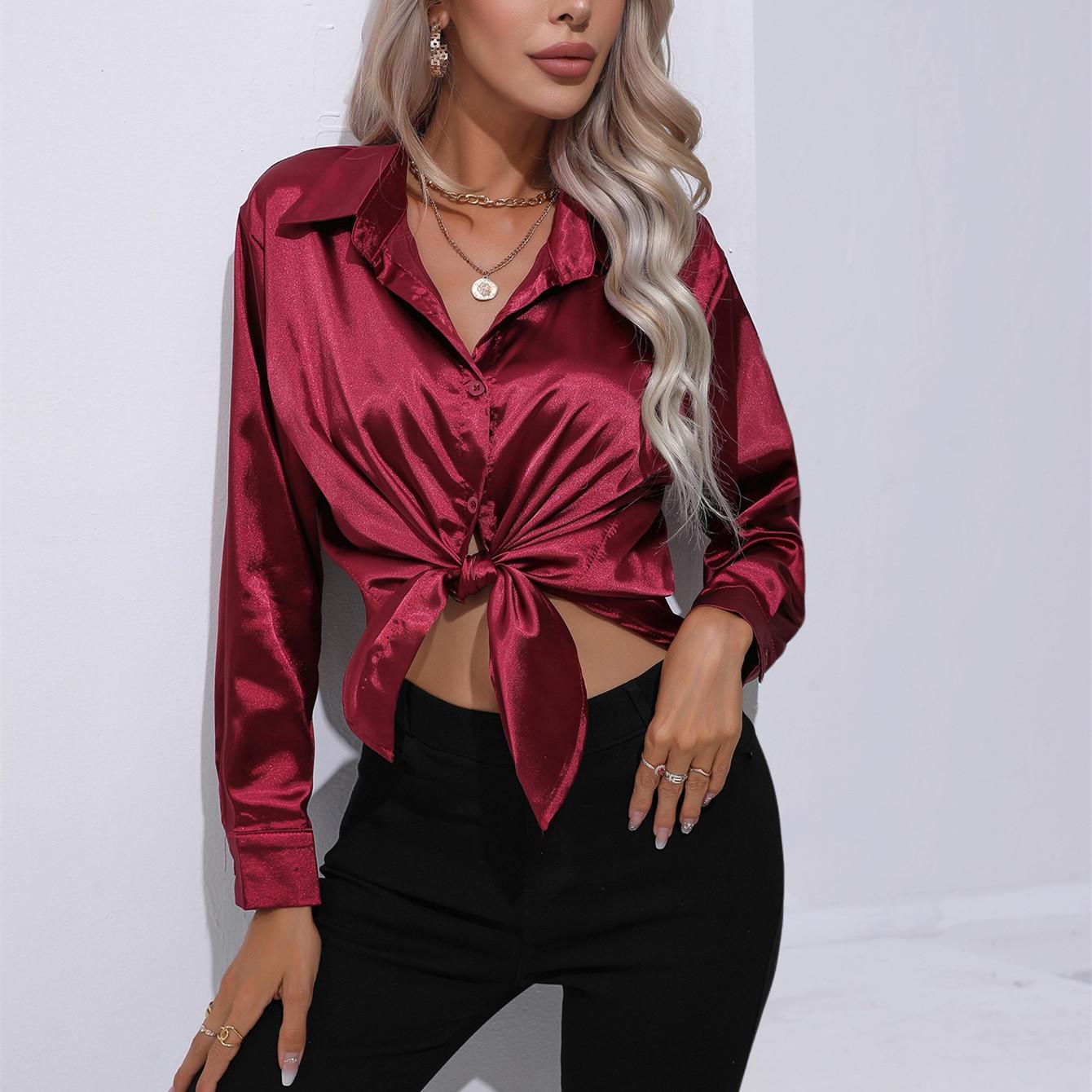 

GMXIA Женские модные повседневные однотонные блузки и рубашки-поло с длинным рукавом с принтом XXL кларет