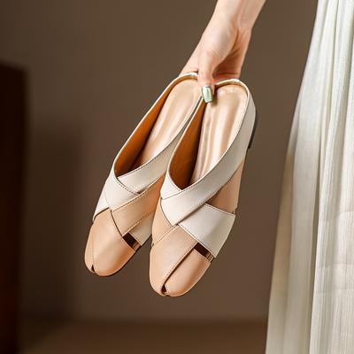 2024 Summer New Gladiator Women Sandals Mid Heel Genuine Leather Closed Toe Slippers Female Shoes Muller Slippers Slides Women