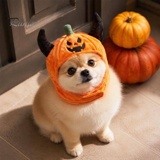 Comfortable Festive Outfit for Puppies Pet Halloween Pumpkin Hat, Funny Devil Horn Cat Plush Cozy Cute Spooky Festival Celebration Hat Cats