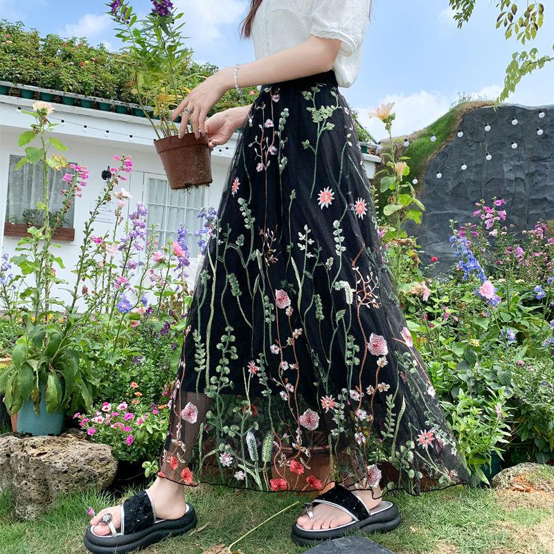 

Юбка-сетка Design sense с вышивкой из маленьких цветов, женская, лето 2025, новая, высокая талия и тонкая, темпераментная юбка-слово, длинная юбка one size fits all