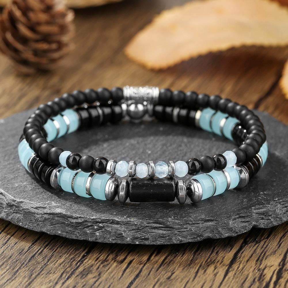 Vintage Black Agate Volcanic Stone Beaded Bracelet Summer Vacation Style Men's Natural Stone Stacked Bracelet