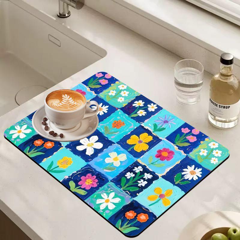 Plaid Floral Farmhouse Coffee Mat Super Absorbent Oilproof Non Slip Pad Kitchen Counter Drying Rug