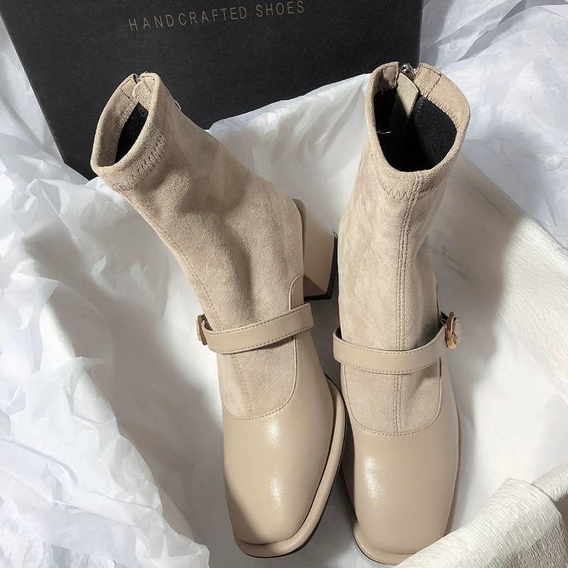Fashion Elastic Boots Women Cow Suede Short Ankle Boots Female Spring Autumn Elegant Boots Stretch Slim Mixed Color Chunky Heel Boots 40