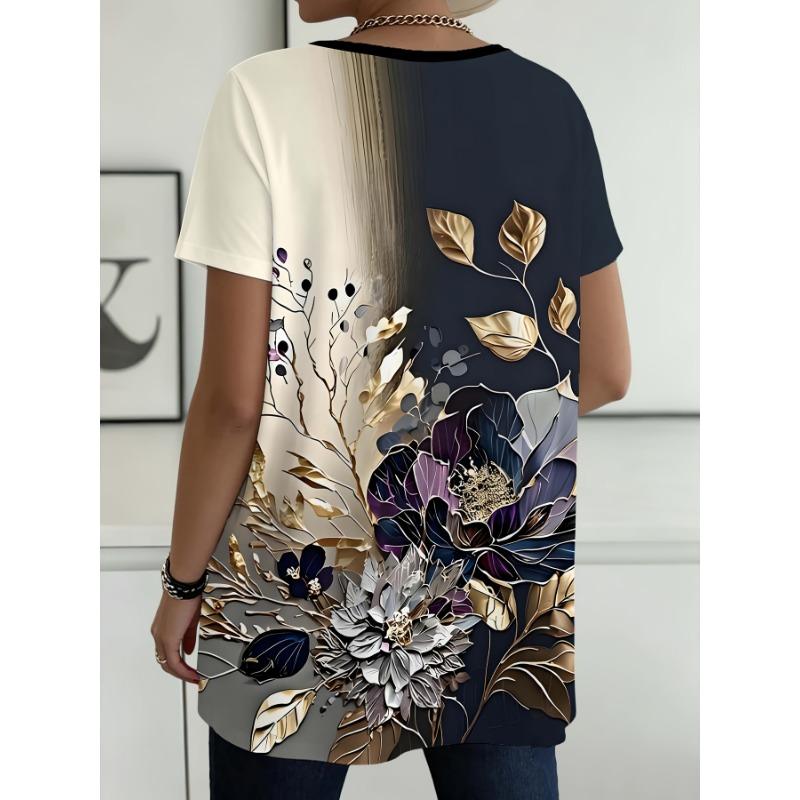 Women's Large Size Casual Elegant Floral Print Long Sleeve Round Neck Pocket T-Shirt Top
