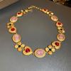 Pre-Owned Floral Geometric Rhinestone Jewelry Set with Clavicle Necklace & Earrings In Turquoise and Pearl Tones