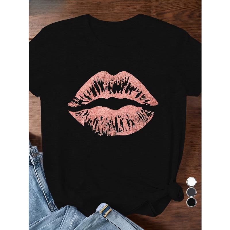 

European Size Lip print kiss mark Women s Plus Size Sports Short Sleeve T-Shirt 4XL чорний