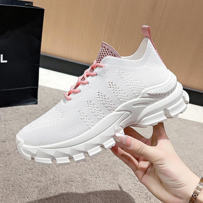 

Fashion Women s White Sneakers 2025 New Fly Weave Mesh Breathable Lace Up Sports Shoes Fashion Height Increase Comfortable Casual Shoes 35 розовый