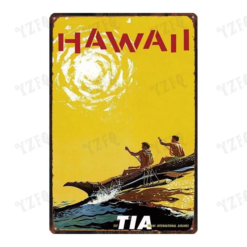 Vintage Hawaii City Painting with Hula Dancers  Metal Travel Tin Sign for Wall Decor In Pubs Cafes and Homes  Beach Metal Pla