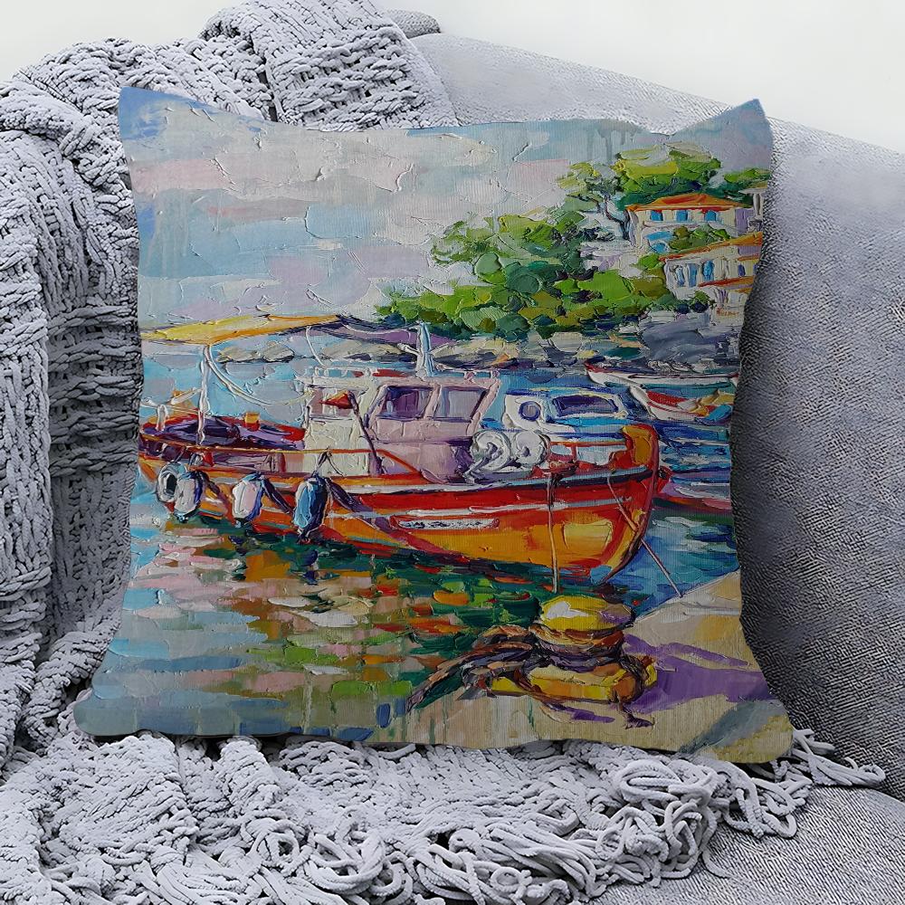 Boat Bay Beach Canvas Painting Pillow Gift Home Office Decoration Pillow Bedroom Sofa Car Cushion CoverPillow Case