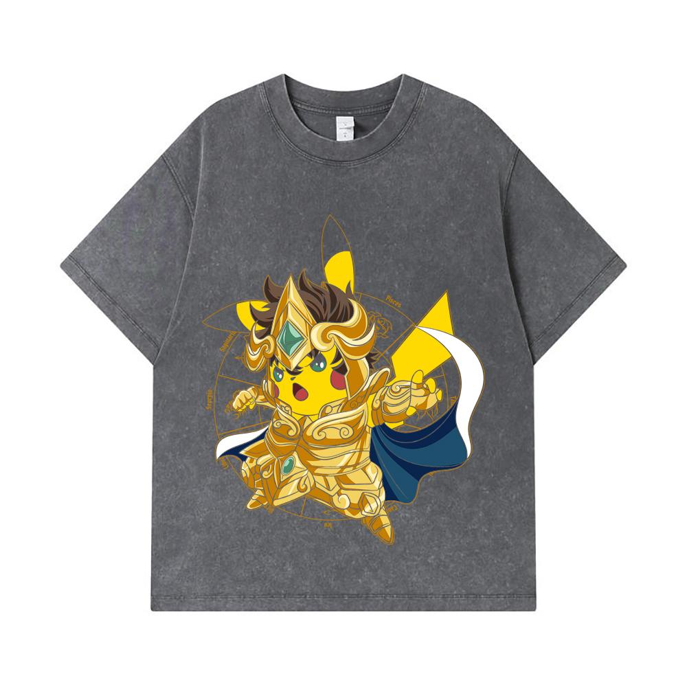 275 GSM Washed T-shirts 100% Cotton Pokemon V25 Pikachu Leo Print Unisex Heavy Cotton T Shirt