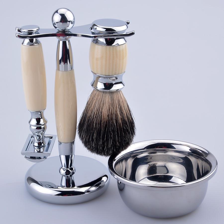 Beard Care Tool Set: Imitation Ivory Brush & Razor Stand