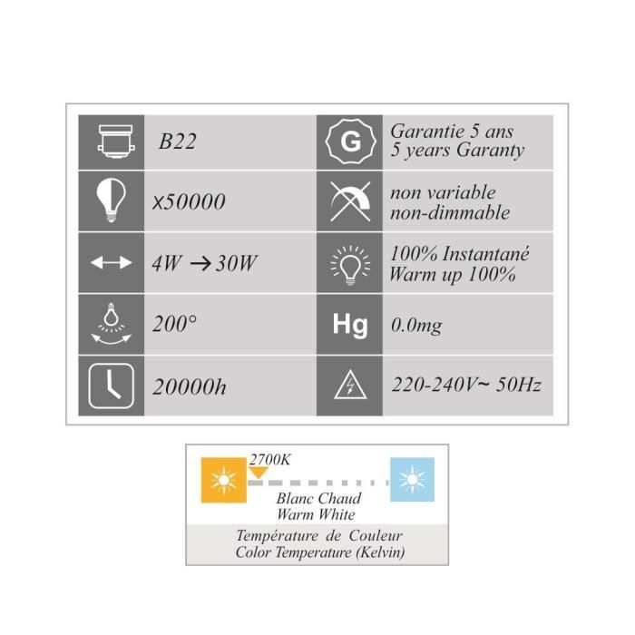 Ampoule LED - Noname - B22 - 4W - 330Lm - 3000K - Garantie 5 Ans