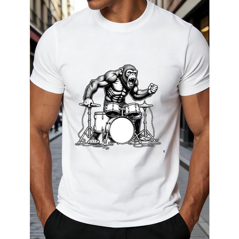 European sizes Muscular Monkey Drummer Graphic Men'S T-Shirt Animal Music Theme Summer Casual Wear Gift for Music Lovers And Fun-Loving Friends