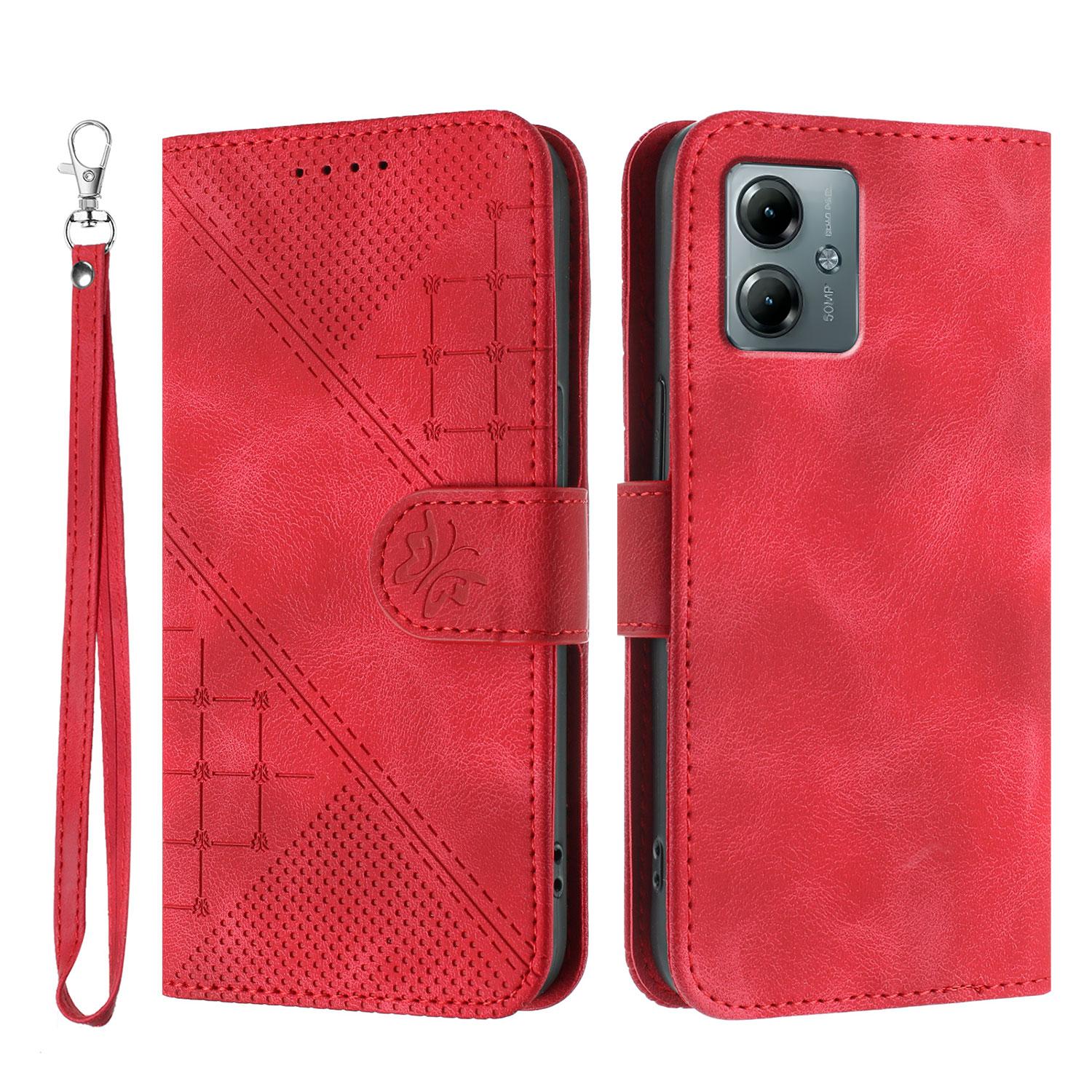 

For Motorola Moto G Power (2025)/Motorola Moto G Play (2025) 4G Leather Wallet Case Butterfly Flower Imprinted Phone Cover with Strap Red