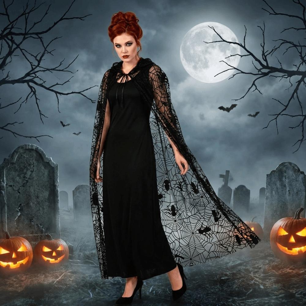 Leichter Halloween-Kapuzenumhang Halbtransparenter Langer Umhang Spinnennetz-Netzstoff Cardigan Damen